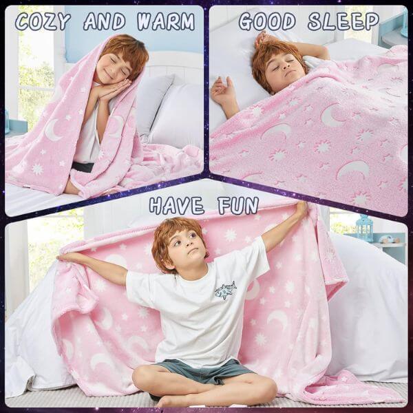 Glow in The Dark Soft Star Moon Pink Blanket
